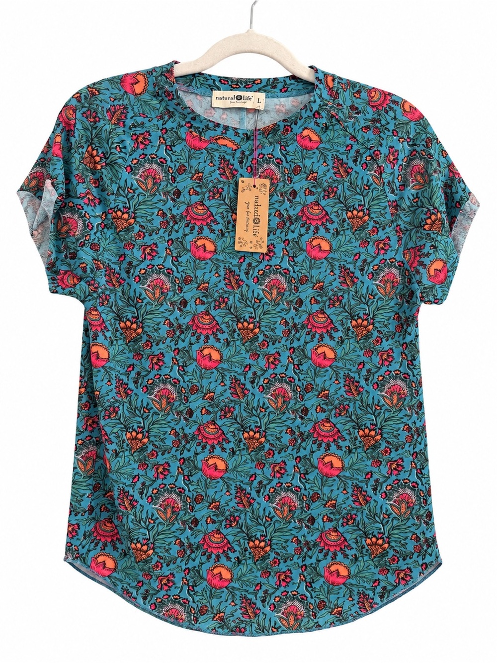 Natural Life Teal Floral Mesh Short Sleeve Tee Top Size L Boho